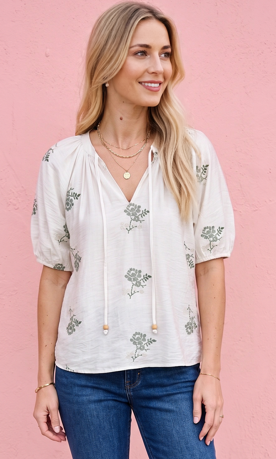 Camila Floral Embroidered Top in Ivory/Olive — embroidered floral boho top from Thread & Clover boutique