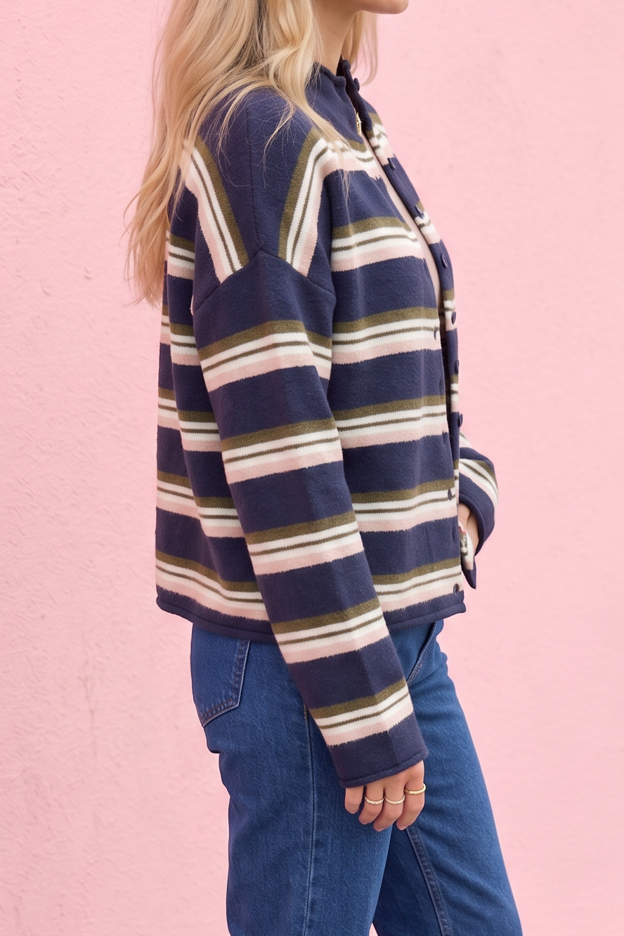 A woman stands in profile wearing a navy blue striped button-up shirt jacket with cream and tan stripes, blue jeans, and white sneakers, set against a pink stucco wall.
