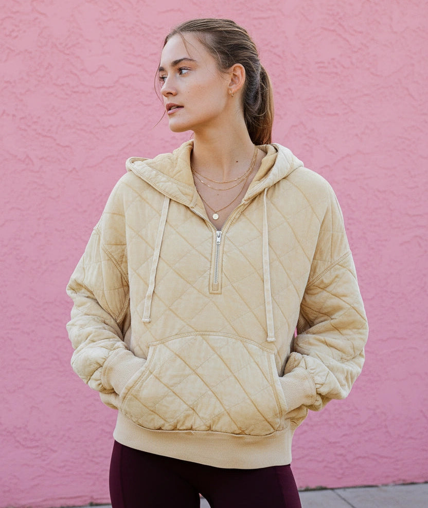 Paloma Quilted Quarter Zip Hoodie in dandelion — oversized quilted pullover from Thread & Clover boutique