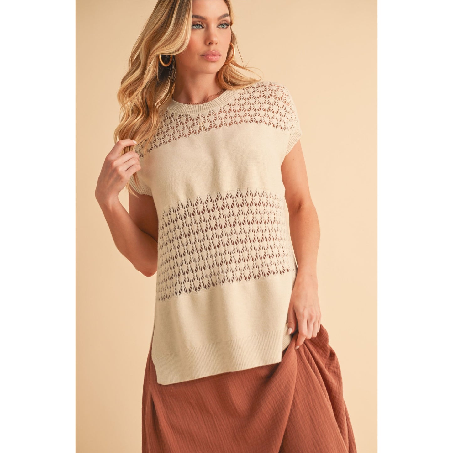 Golden Mornings Mesh Sweater styled in oat — airy mesh knit with jeans from Thread & Clover boutique