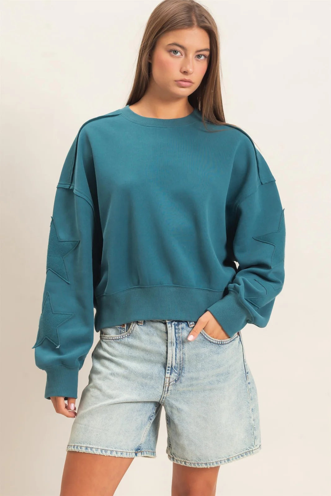 Starlight Sleeve Sweatshirt in Dark Teal — star sleeve detail sweatshirt from Thread & Clover boutique