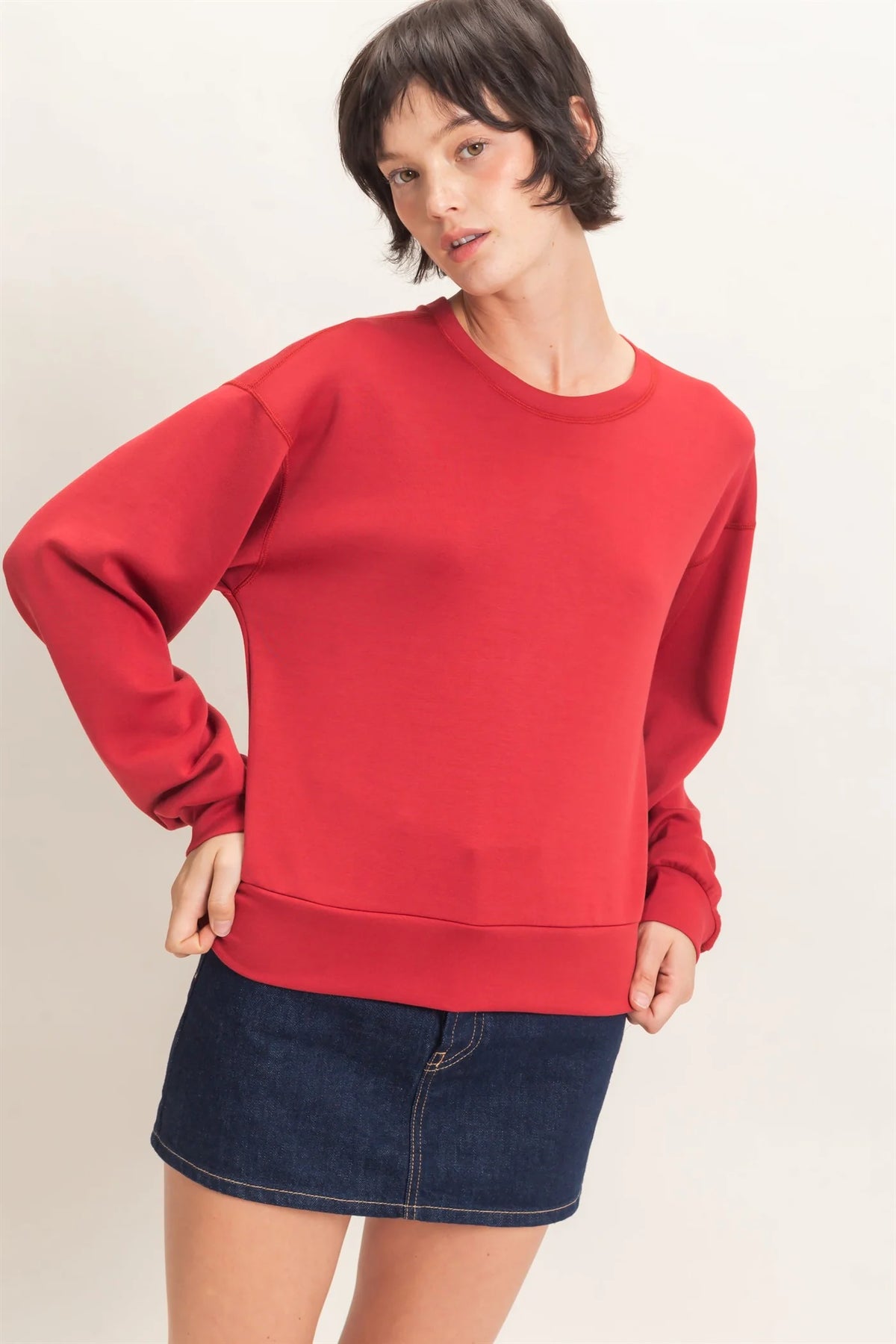 Sylvie Scuba Silky Sweatshirt in Dark Red — silky scuba knit sweatshirt from Thread & Clover boutique