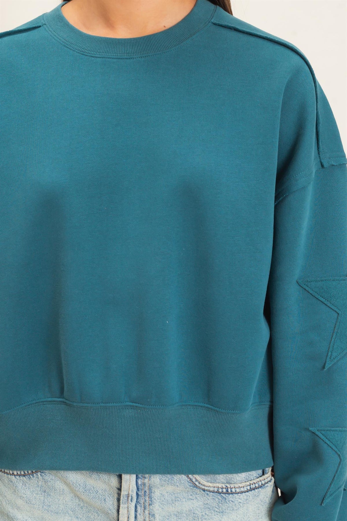 Starlight Sleeve Sweatshirt in Dark Teal — star sleeve detail sweatshirt from Thread & Clover boutique
