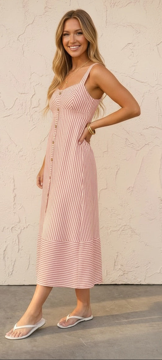 Miss Mayberry Midi Dress in cherry red and white stripe — full length view showing midi skirt and adjustable straps from Thread & Clover boutique